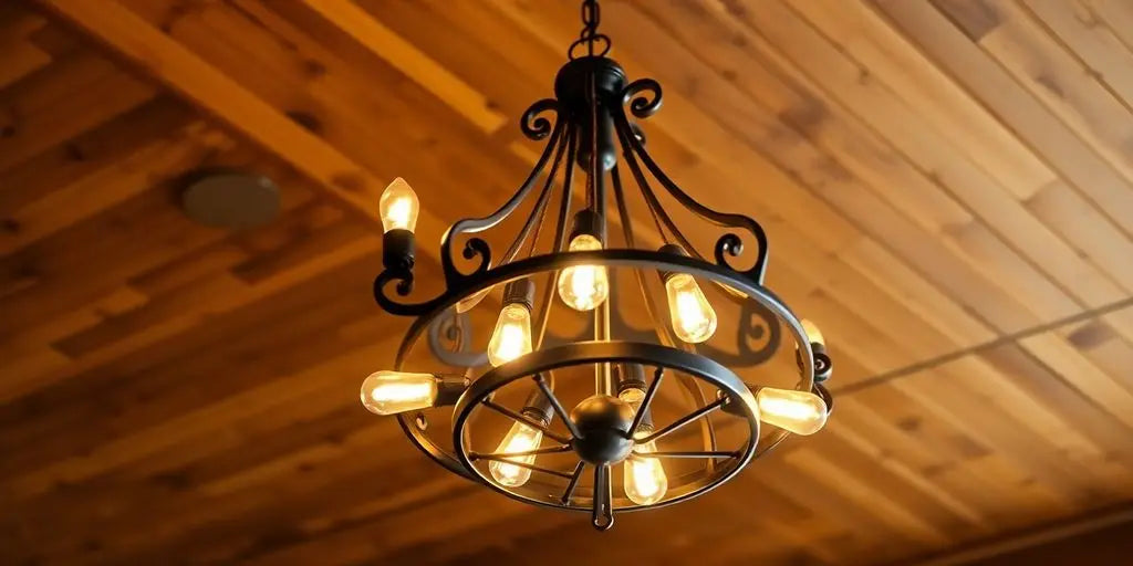 Rustic contemporary chandelier illuminating a cozy room.