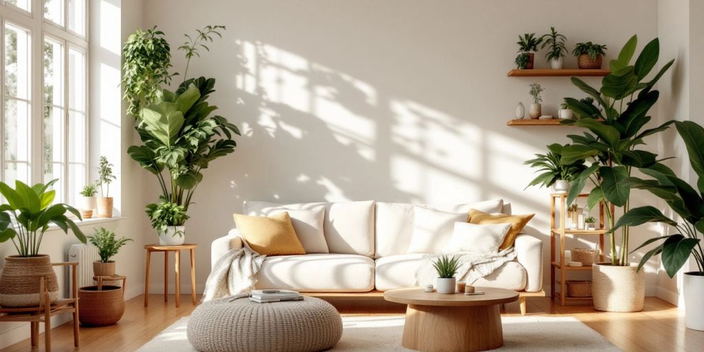 Eco-friendly living room with plants and natural materials.