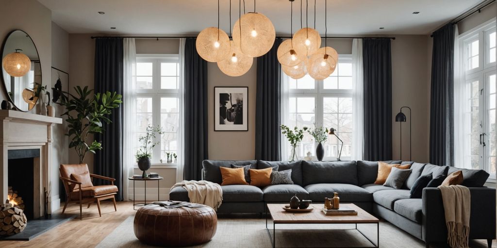 Modern light fixtures in a cozy living room.