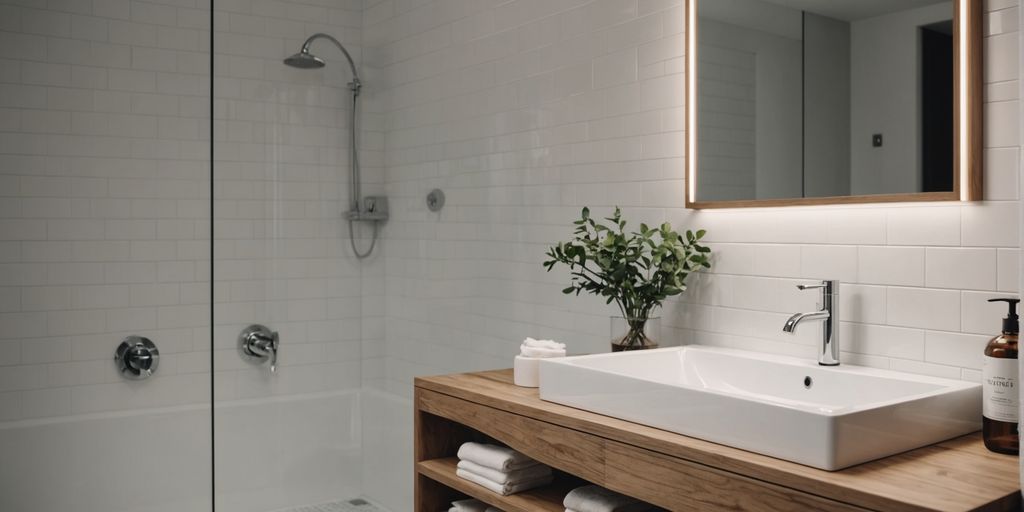 Minimalist bathroom with white tiles and wooden accents.