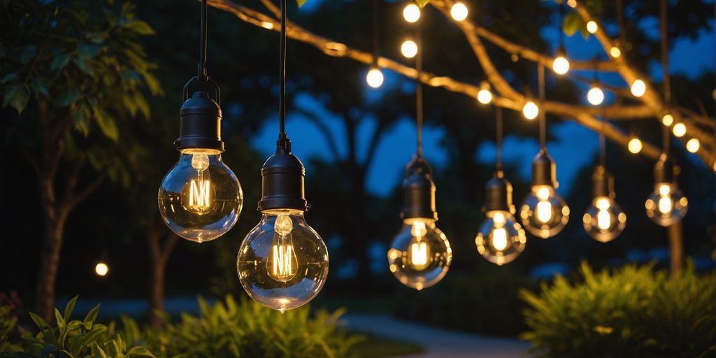 Garden illuminated by outdoor waterproof pendant lights at night.