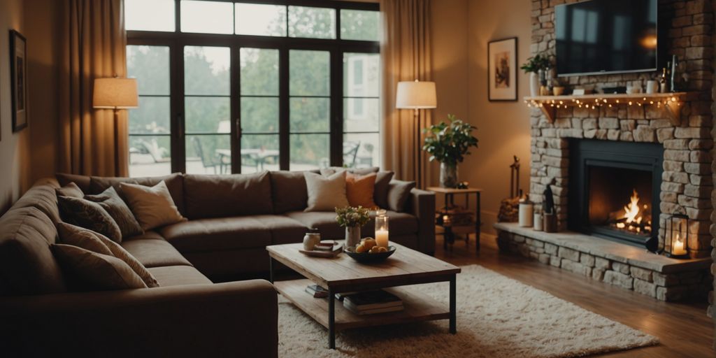 Cozy living room with warm decor and soft lighting.