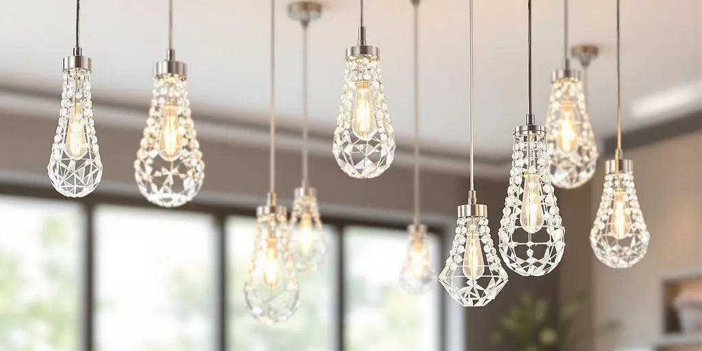 Elegant crystal drop pendant lights hanging from the ceiling.