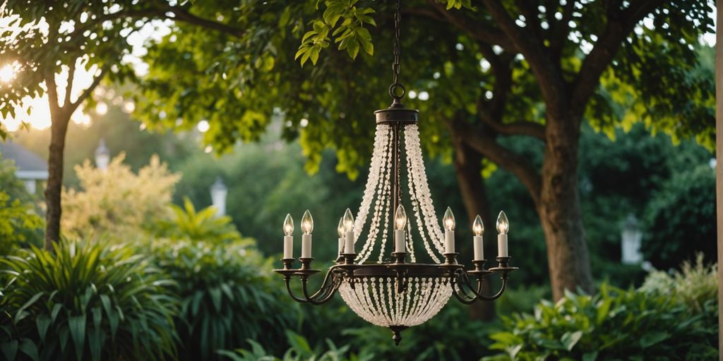 Outdoor chandelier in a lush garden, elegant and stylish