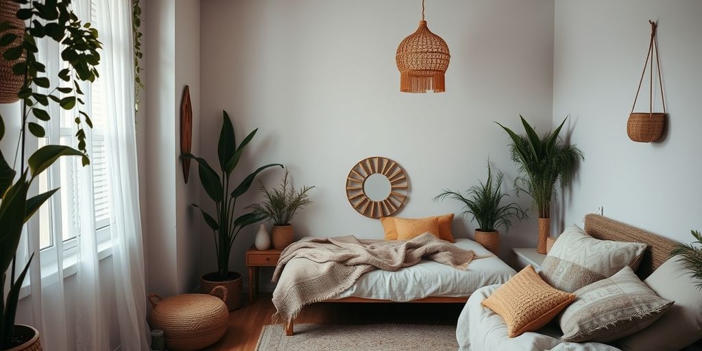 Cozy boho bedroom with plants and soft textiles.