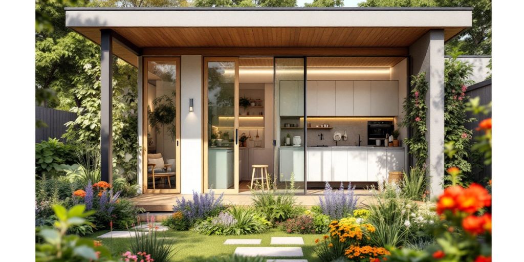 A garden house with kitchen and bathroom in nature.