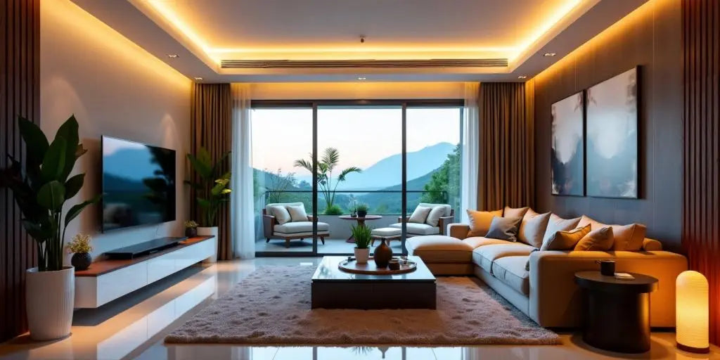 Modern living room with LED daylight ceiling lights.