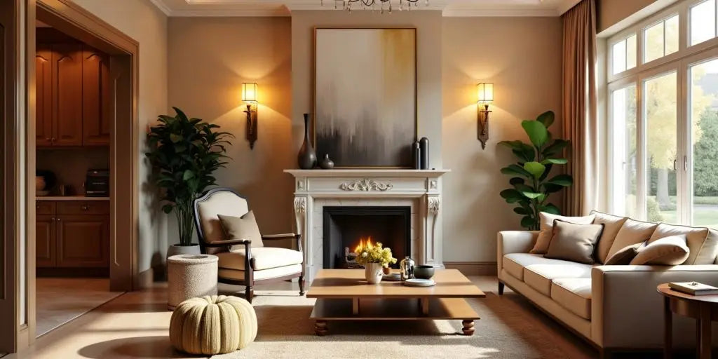 Elegant living room with stylish light fixtures and decor.