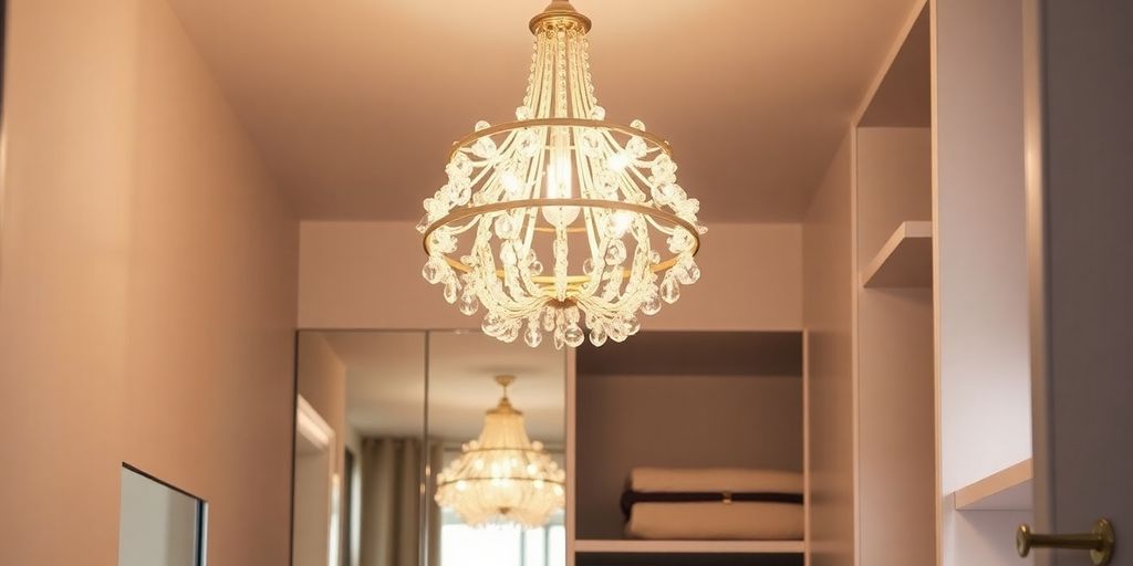 Modern small closet featuring sleek chandelier and warm inviting lighting.