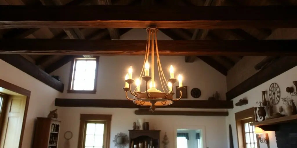 Rustic farmhouse chandelier in a cozy setting.