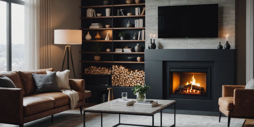 Contemporary fireplace with stylish decor and comfortable seating.