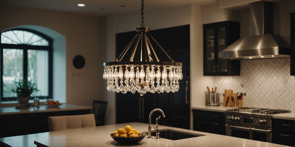 Chandelier above kitchen island with modern decor elements.