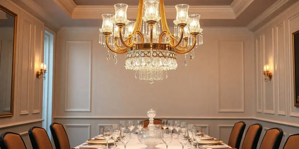 Elegant dining chandelier above a beautifully set table.