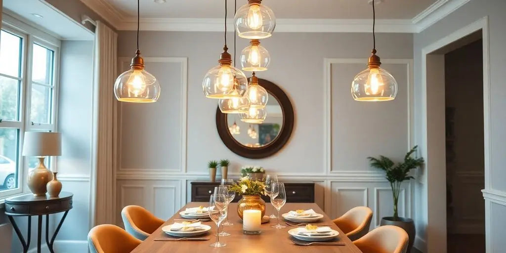 Stylish dining room with elegant pendant lights.