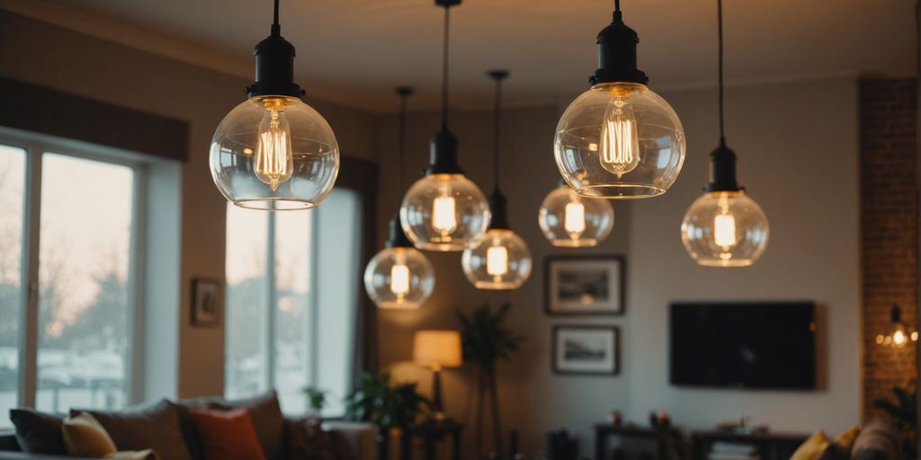 Vintage pendant lights in a cozy, stylish living room.