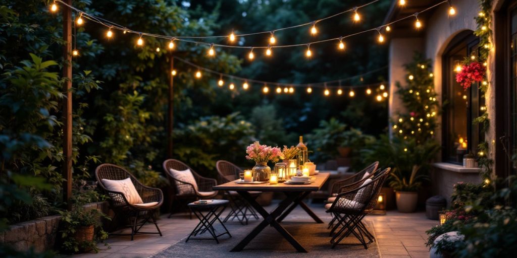 Outdoor patio with glowing waterproof string lights.