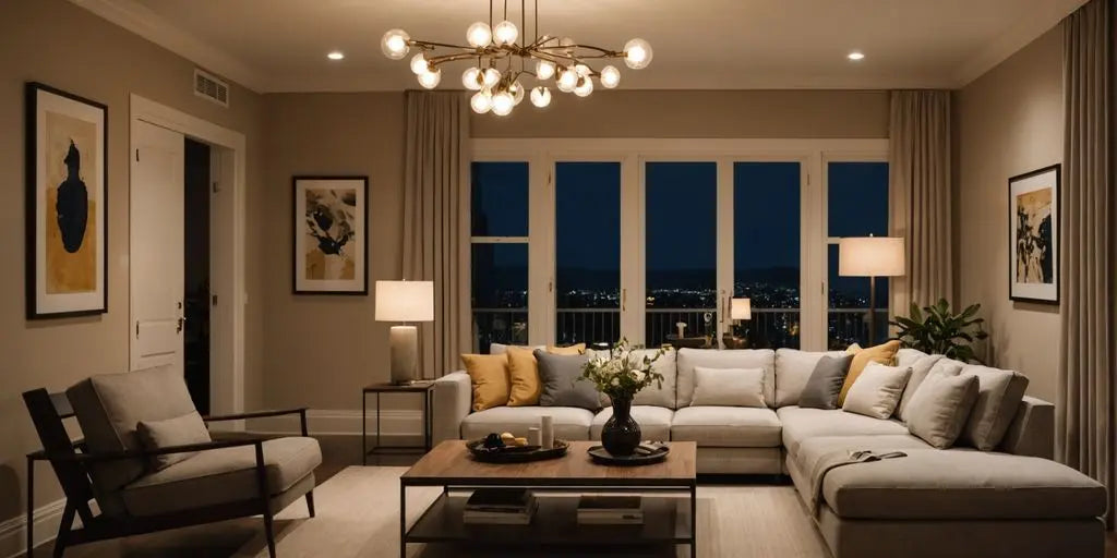 Cozy living room with warm lighting.