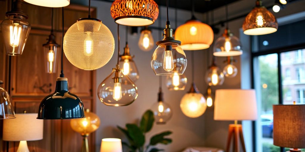 Diverse lighting fixtures in a stylish showroom setting.