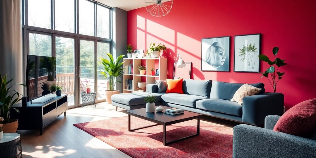 Modern IKEA living room with vibrant decor and natural light.