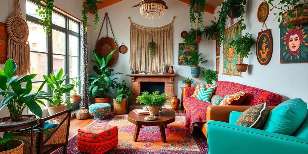 Bohemian chic living room with colorful textiles and plants.