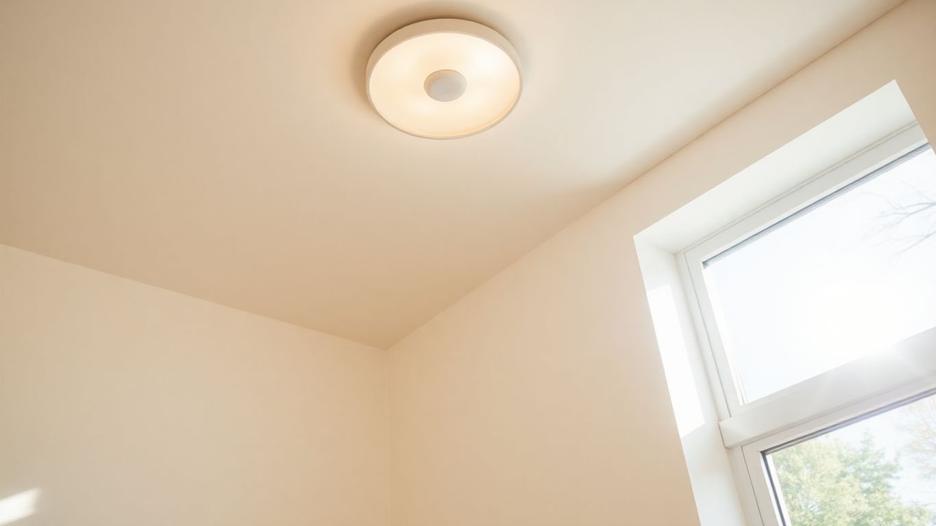 Bright ceiling light fixture in a sunlit room.