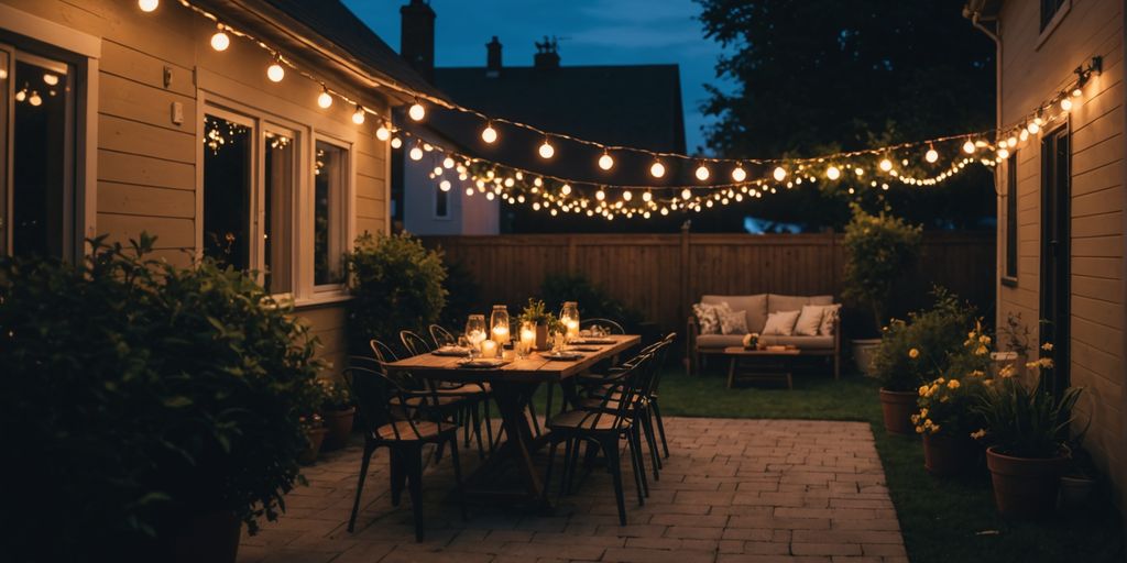 Backyard with string lights at dusk