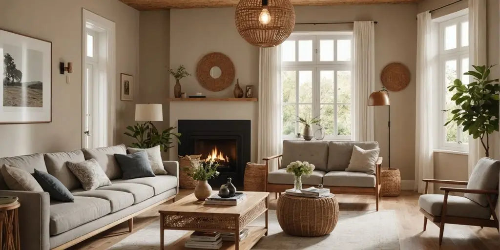 Rattan pendant light in cozy living room