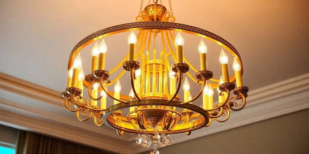 Circular gold chandelier with elegant lights in a room.