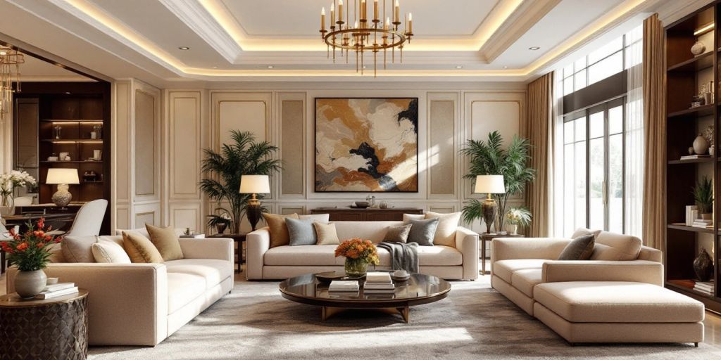 Luxurious living room with modern furnishings and elegant decor.