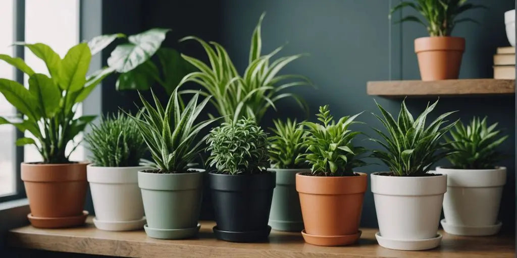 Indoor plants in stylish pots on a shelf.
