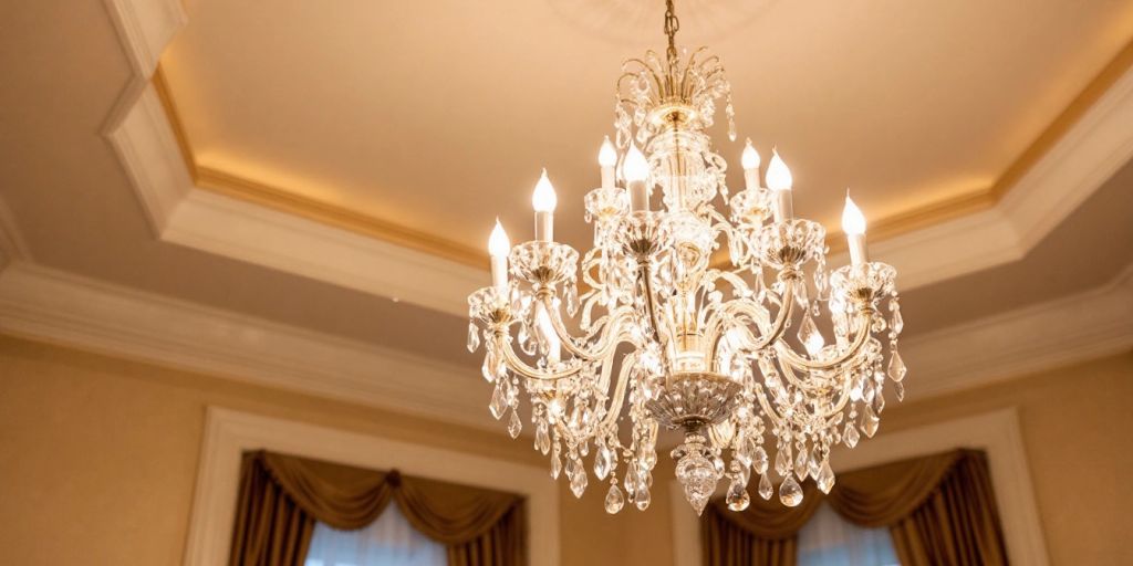 Elegant crystal chandelier with sparkling details and warm light.