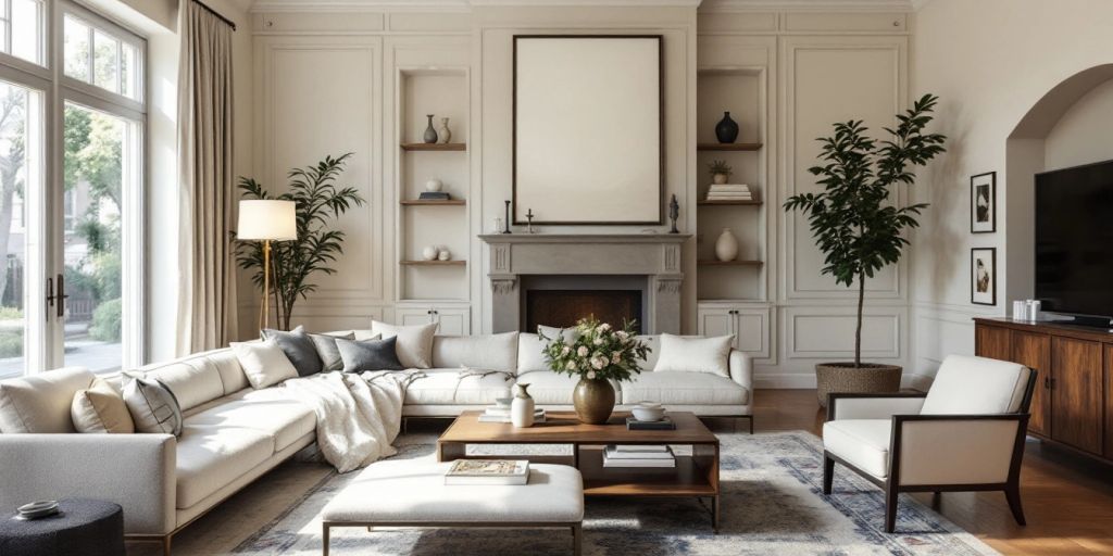 Living room with modern and traditional design elements.