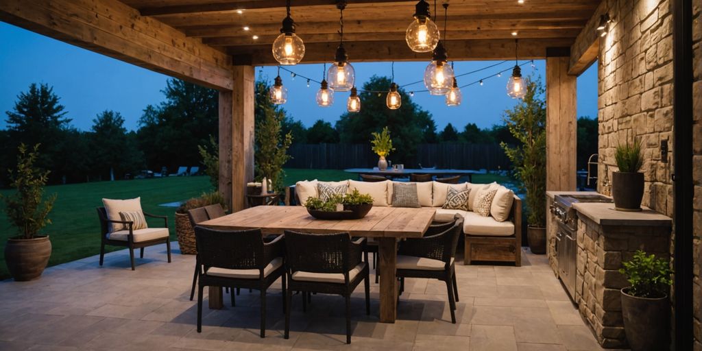 Cozy patio with stylish outdoor light fittings