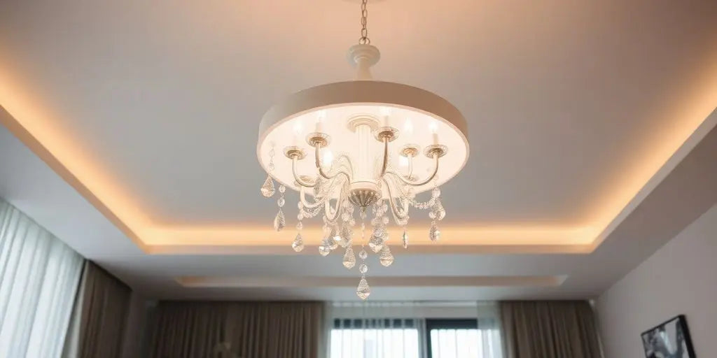 Elegant white chandelier light hanging from the ceiling.