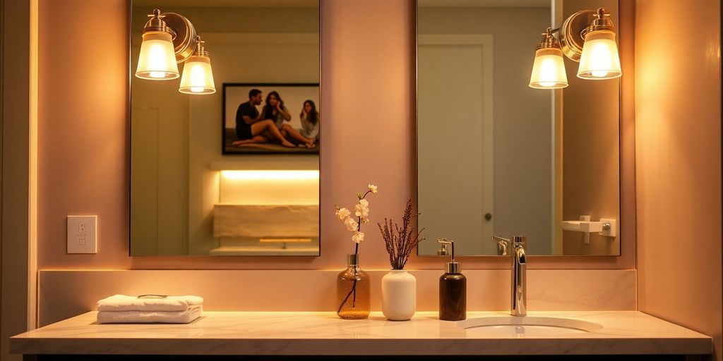 Stylish bathroom with modern vanity lights and decor.