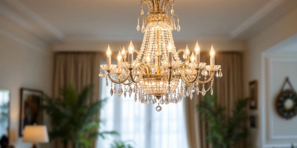 Elegant chandelier in a stylish living room.