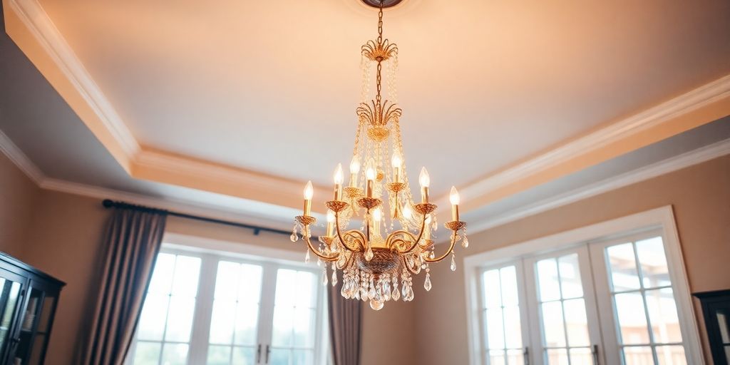 Elegant hanging chandelier in a stylish dining room.