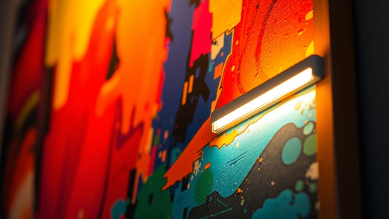 LED light illuminating a colorful painting on a wall.