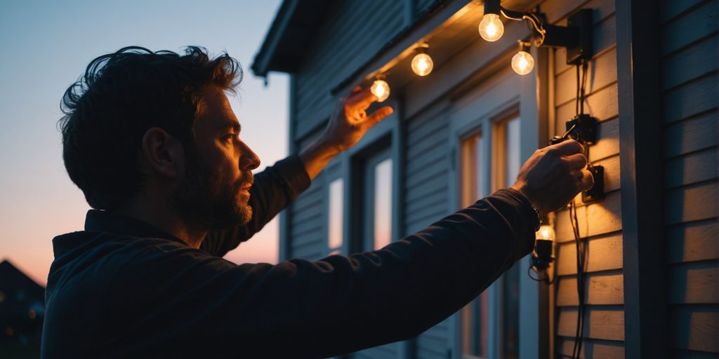 Installing outdoor lights on house at dusk