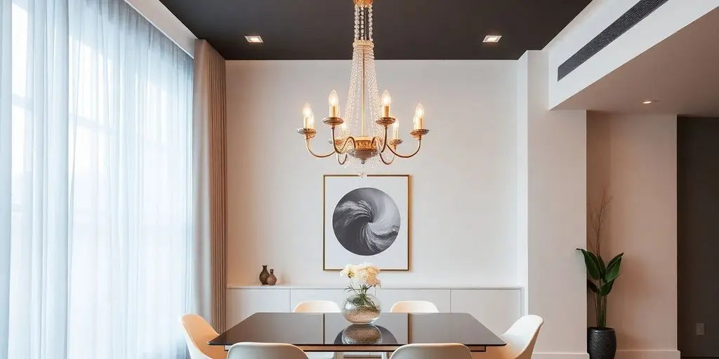 Modern dining room with elegant chandelier overhead.