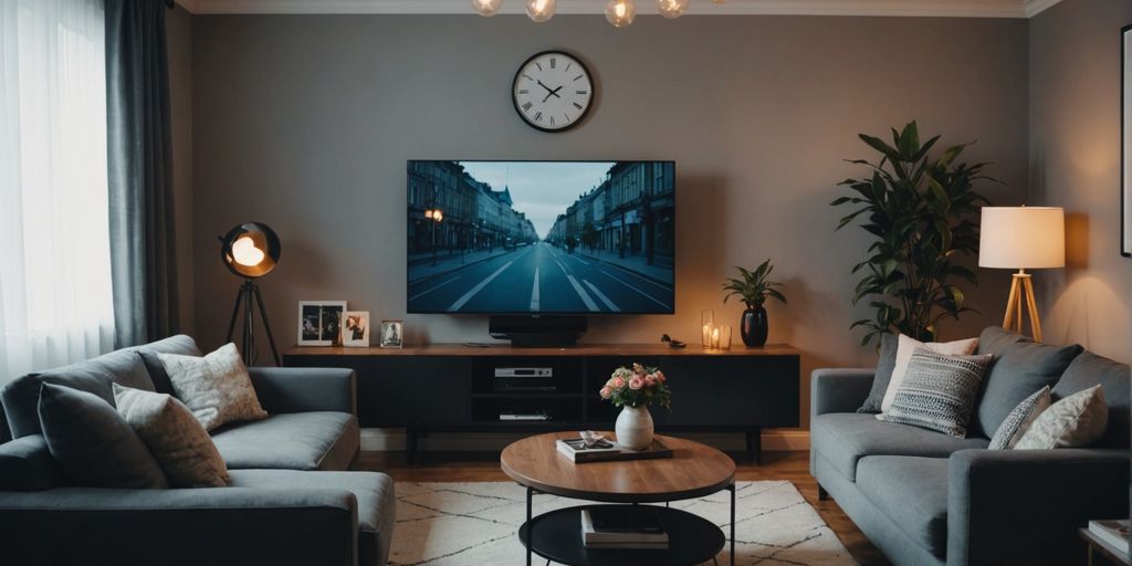 Small living room with TV and modern decor elements.