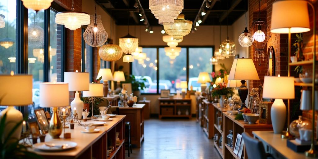 Brightly lit showroom with diverse lighting fixtures.