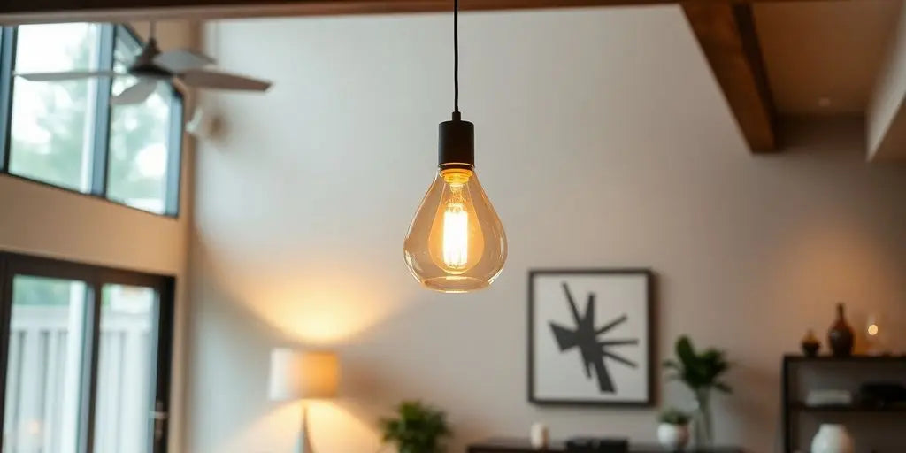 Modern pendant light illuminating a stylish living room.