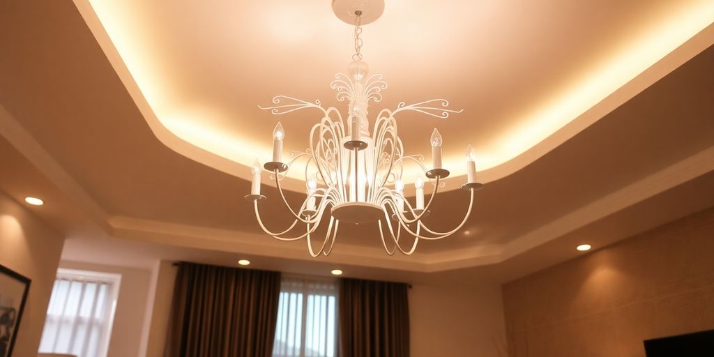 Elegant white chandelier hanging from a modern ceiling.