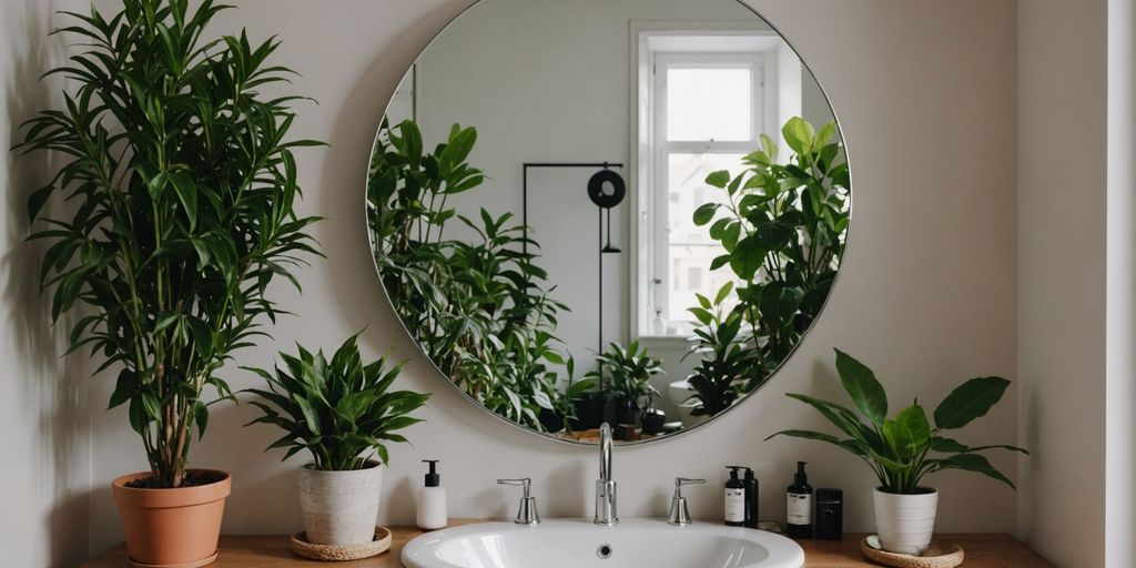 Modern bathroom featuring a round mirror and green plants.