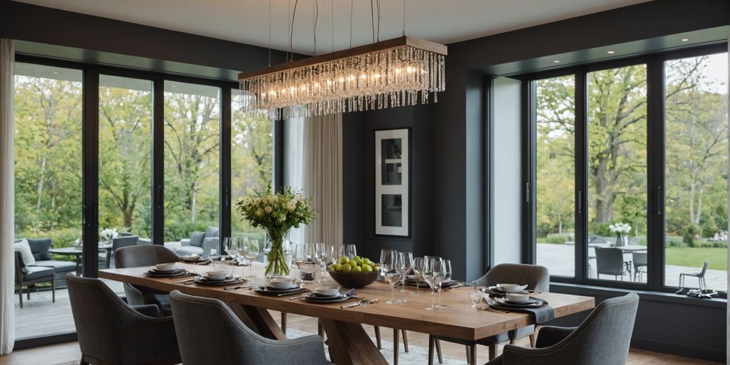 Modern dining room with chandelier over table