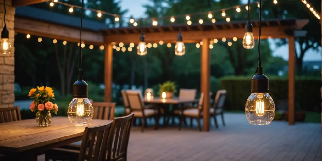 Outdoor waterproof pendant lights on a cozy patio at night.