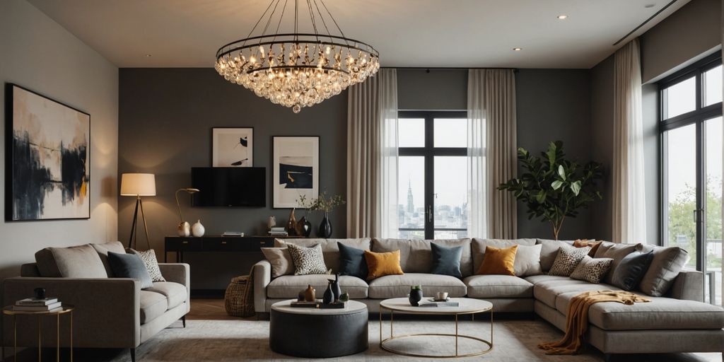 Modern living room with stylish chandelier