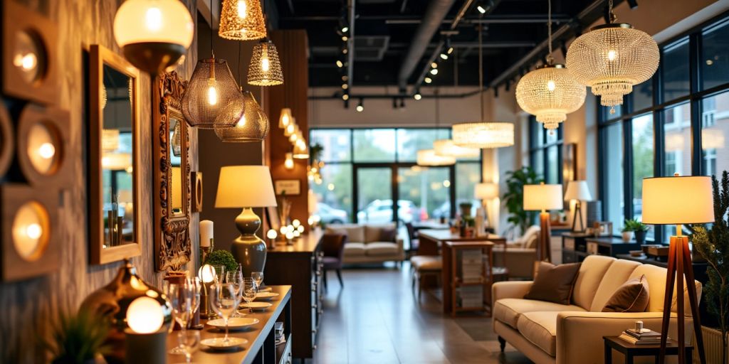 Stylish light fixtures in a well-lit retail store.