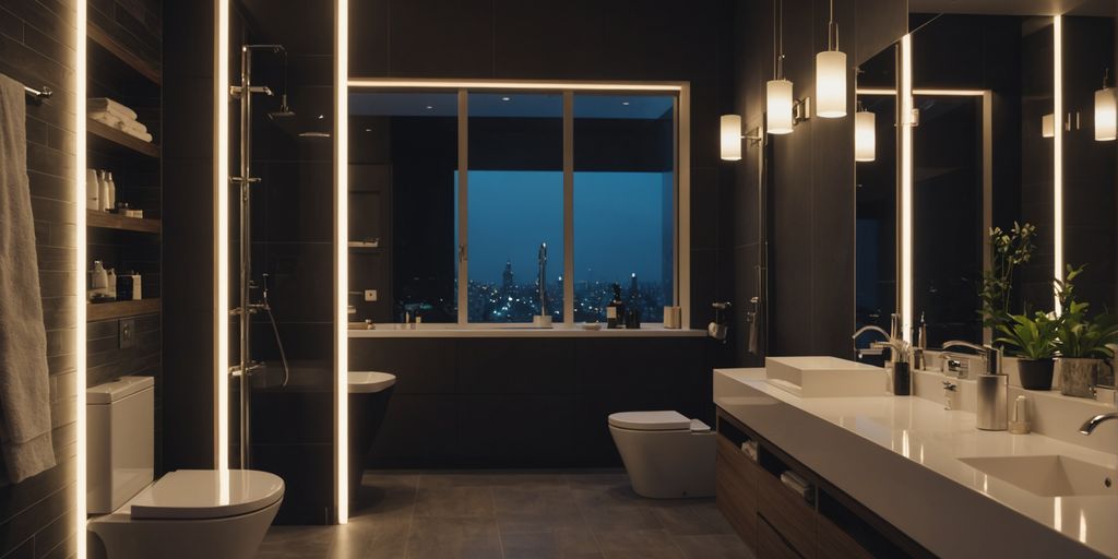 Stylish bathroom lighting with modern fixtures and warm glow.